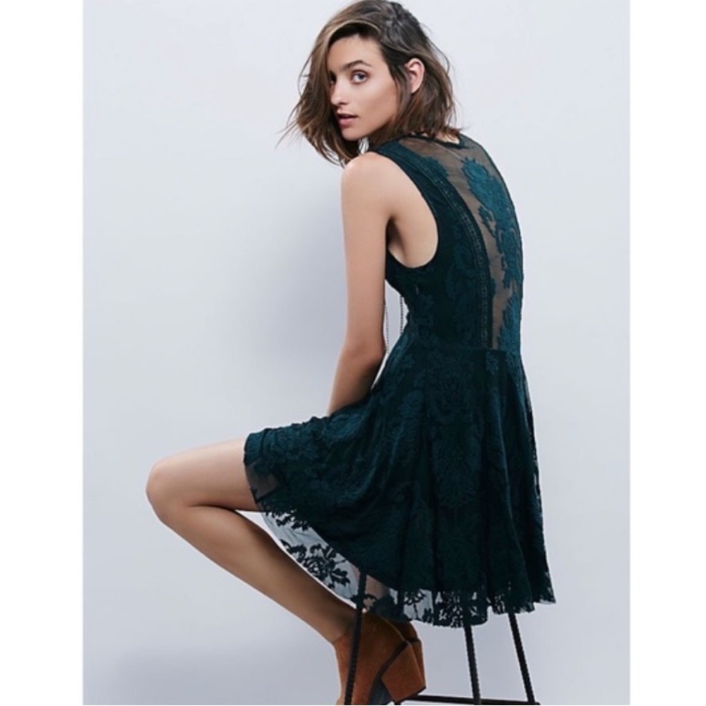 Free People Dark Green Lace Mini Dress